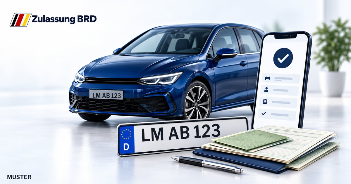 Online Fahrzeugzulassung in Beselich: Musterkennzeichen LM AB 123, Auto und Fahrzeugpapiere und Smartphone. Illustration mit Logo von Zulassung BRD.